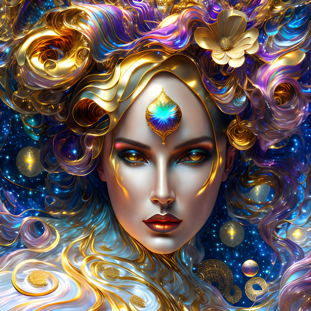 Cosmic-inspired digital artwork of woman with golden headdress