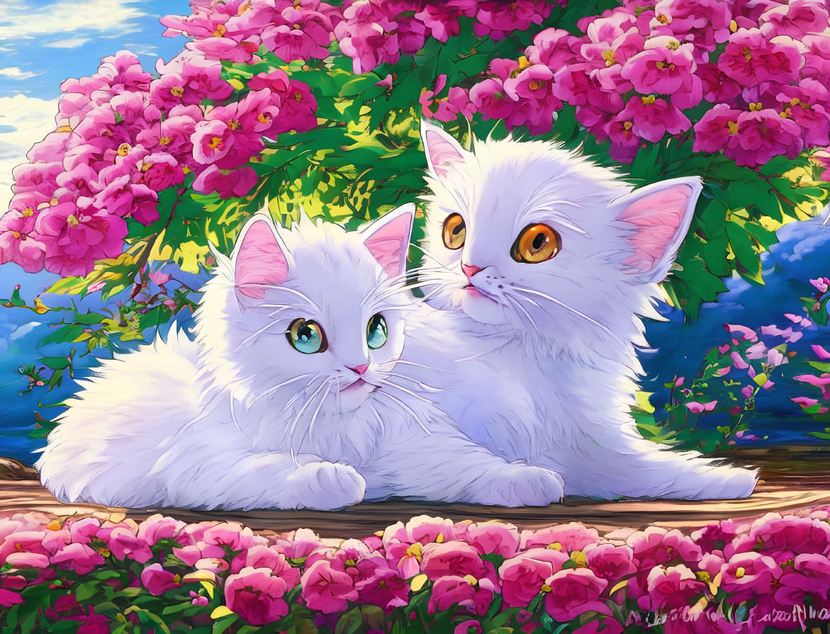 Fluffy white cats with vibrant eyes in front of pink flowers