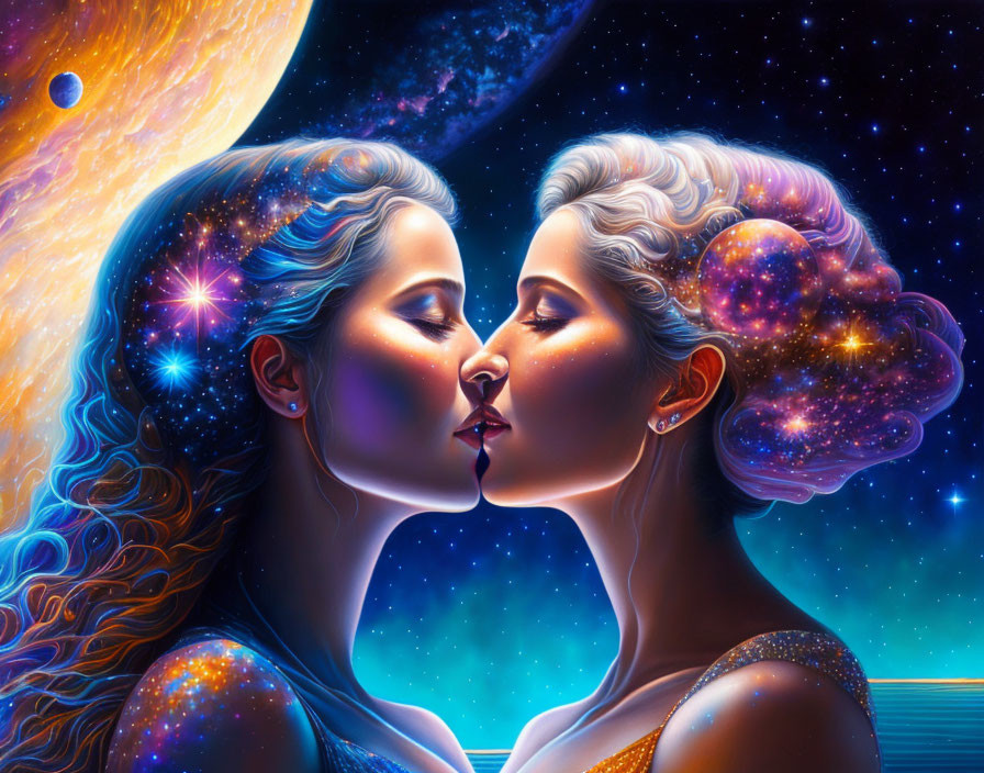 Two cosmic women with starry hair and skin in a celestial embrace.