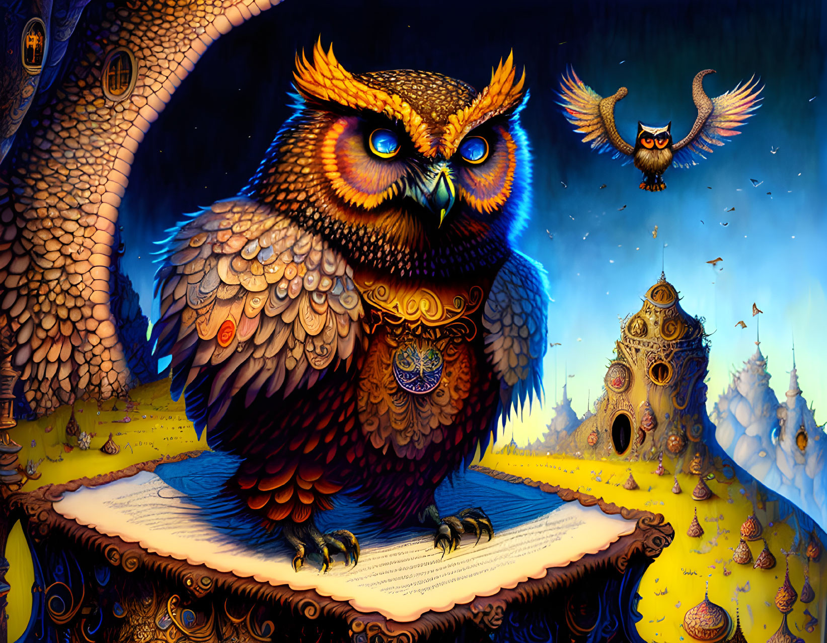 Detailed Owl Illustration with Book, Flying Owls, and Treehouses at Night