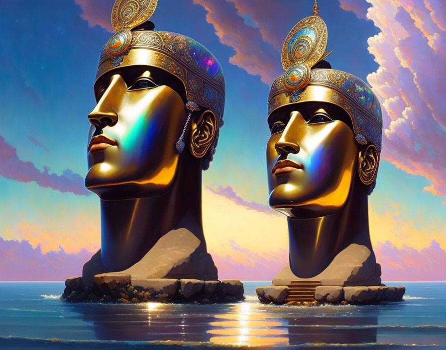 Stylized metallic busts of Egyptian pharaohs against sunset sky and sea.