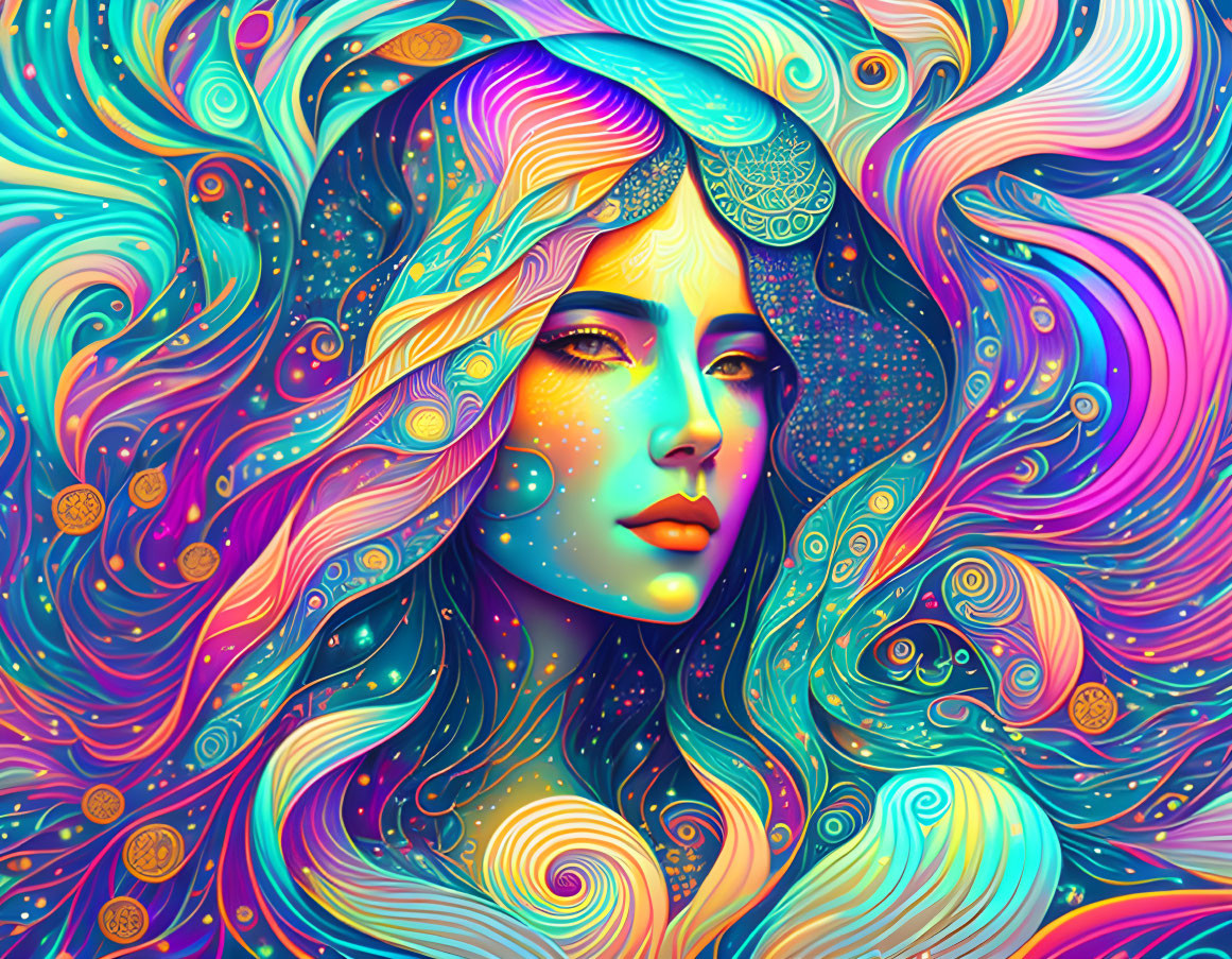 Colorful artwork of woman with multicolored hair in swirling pattern.