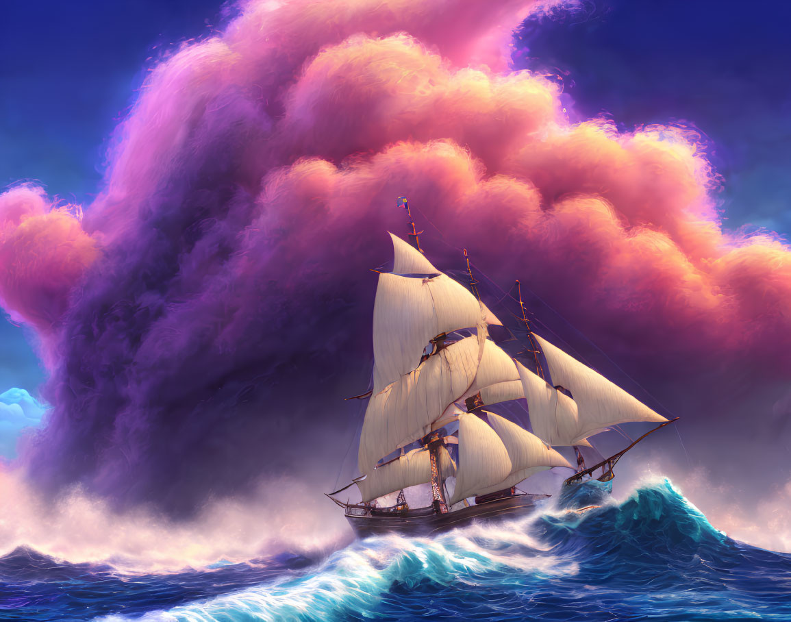 Majestic sailing ship on turbulent blue waves under dramatic sky