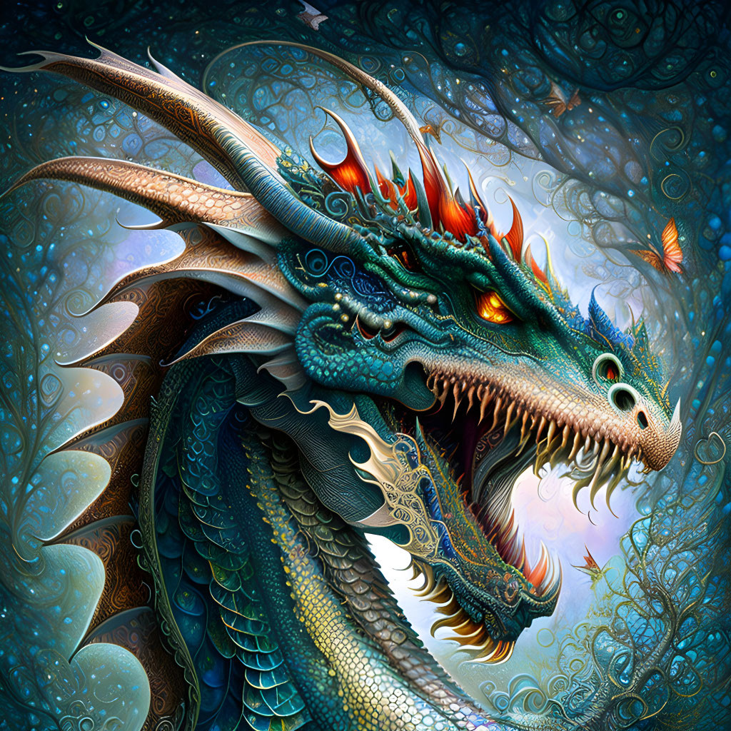 Colorful Dragon with Intricate Scales and Fiery Eyes in Fantasy Scene