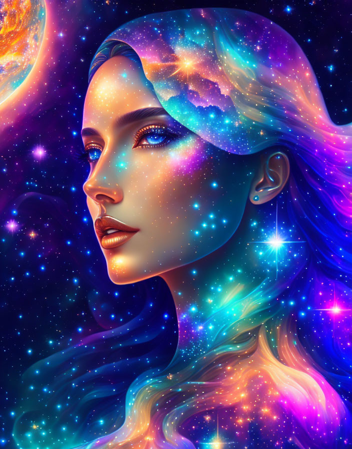 Cosmic-themed portrait of a woman with stars, galaxies, and nebulae on skin and hair