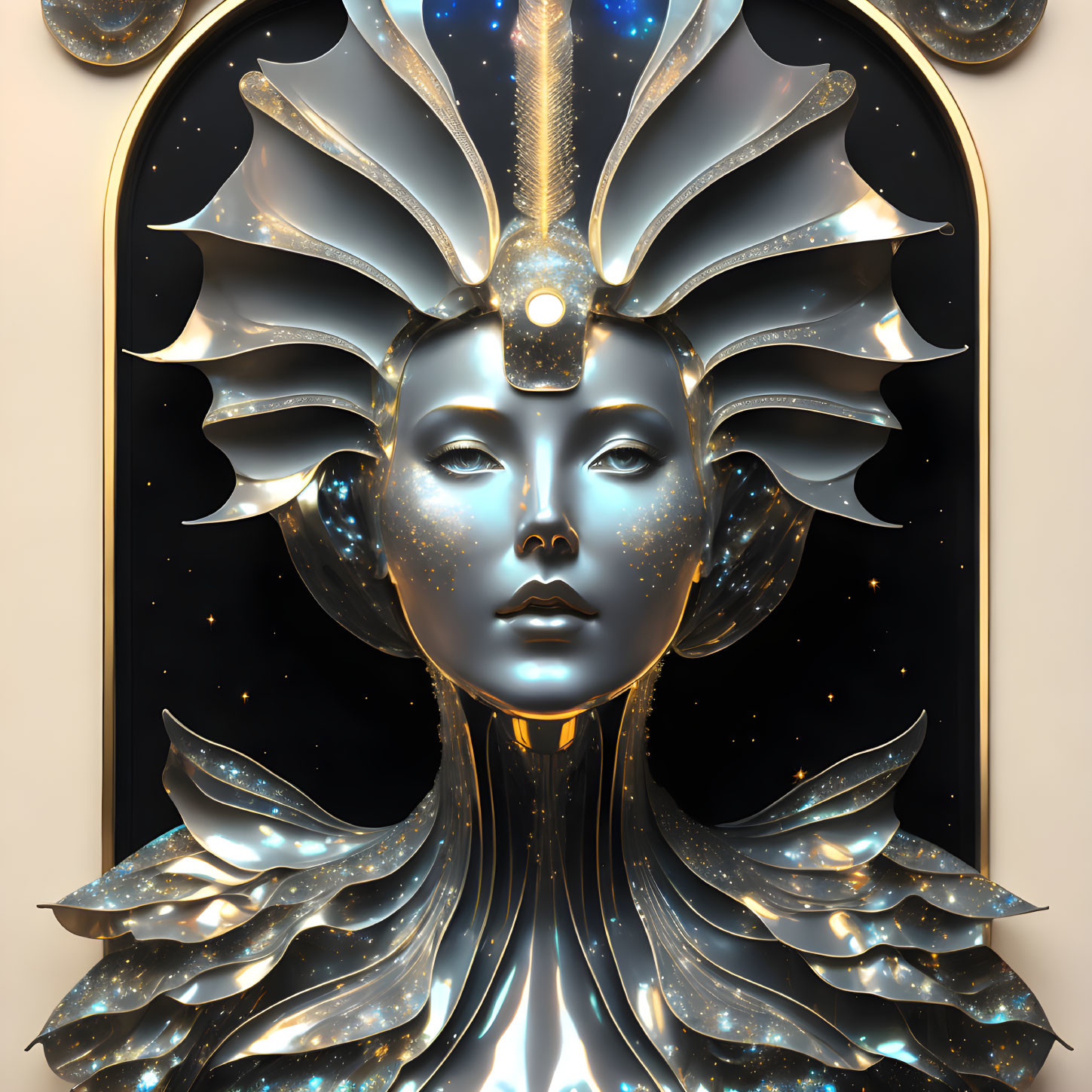 Futuristic celestial being with starry complexion and elaborate headdress