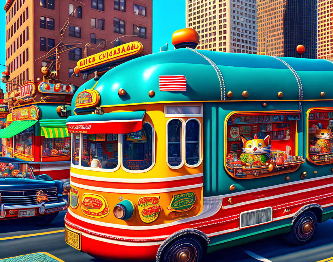 Colorful vintage tram illustration on busy city street with storefronts and cars