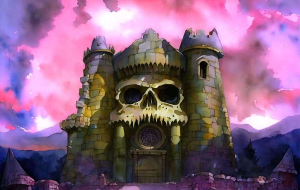 Fantasy castle illustration with skull facade, twin towers, and cloudy sky