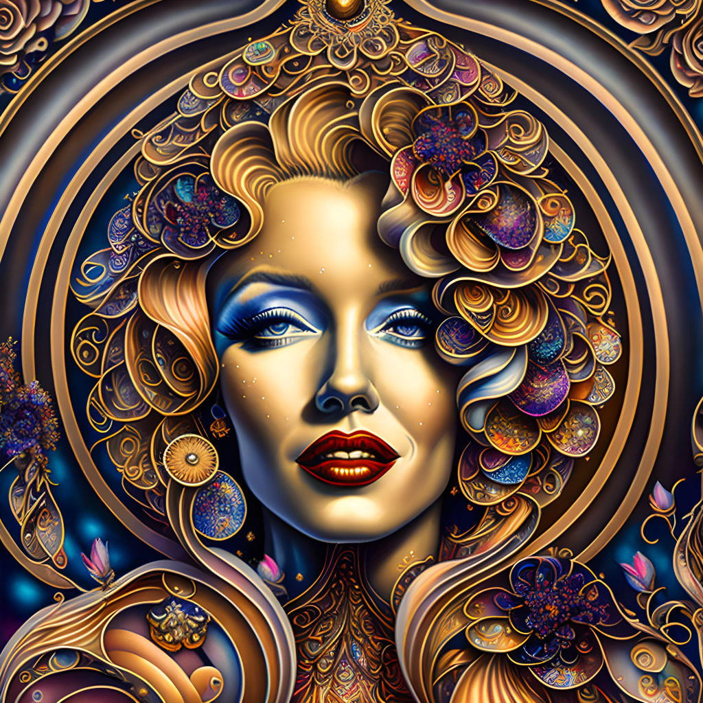 Digital Art Portrait of Woman with Golden Hair & Floral Patterns