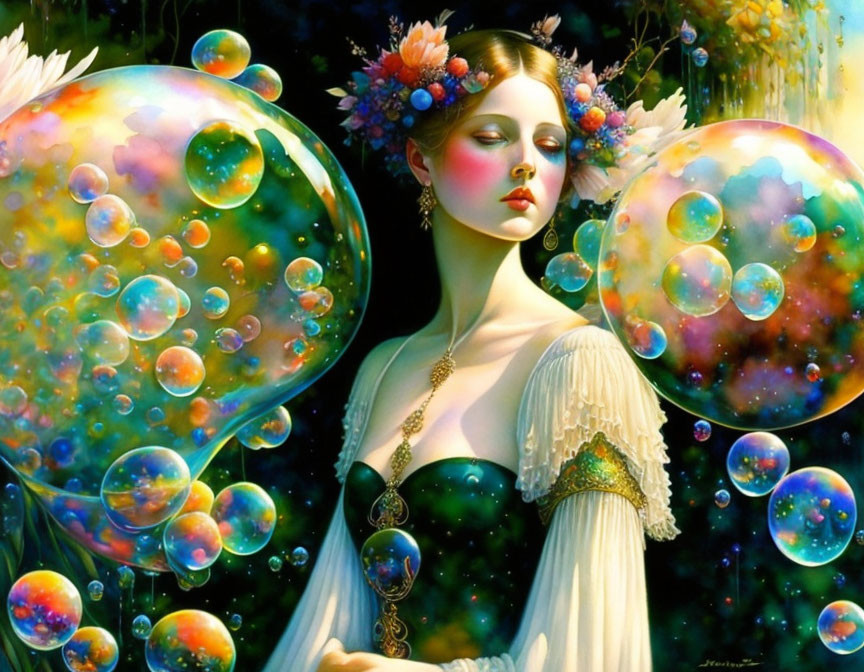 Serene woman in vintage attire surrounded by vibrant bubbles