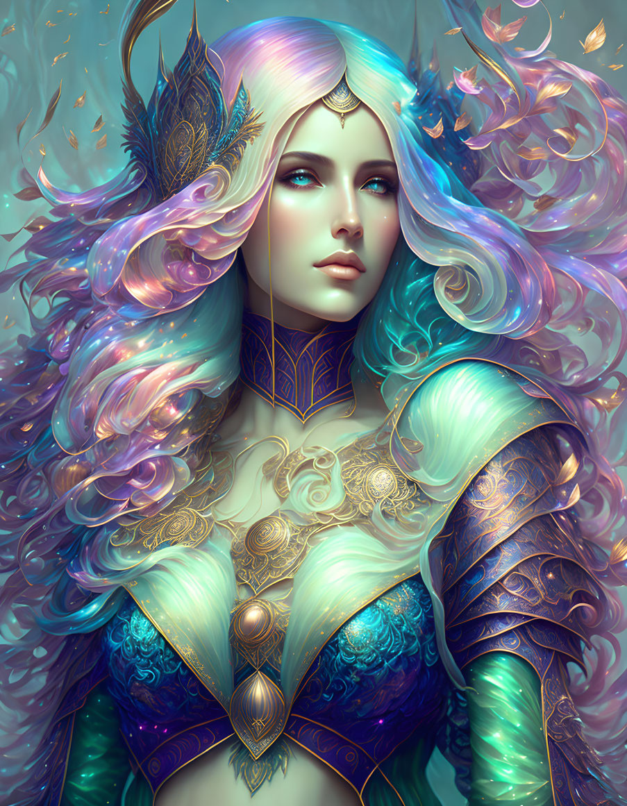 Fantasy illustration of woman with multicolored hair and ornate armor