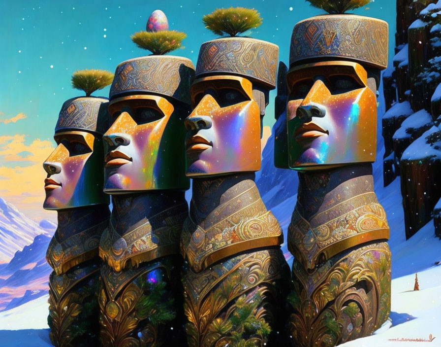 Stylized Galaxy Faces with Ornate Headgear on Snowy Mountain Skyline