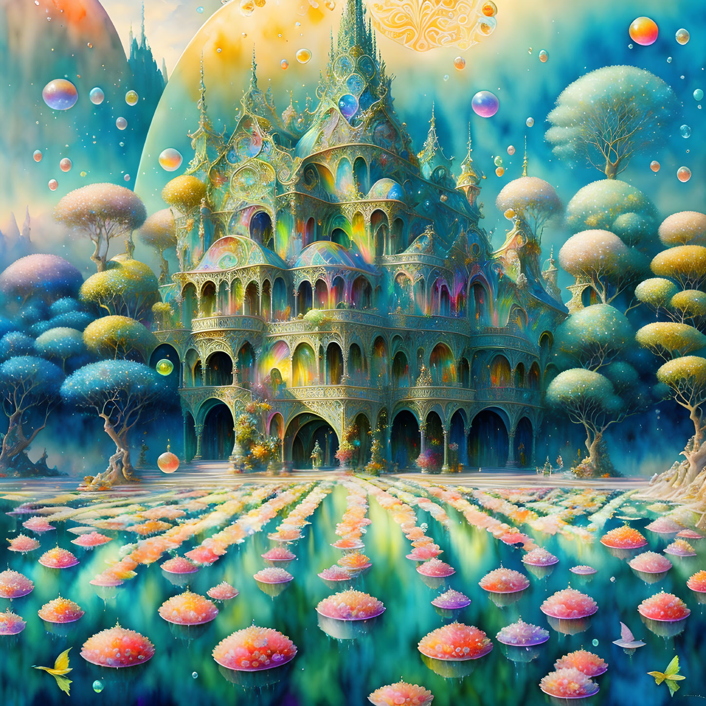 Colorful Fantasy Landscape with Palace, Trees, Bubbles, and Lotus Flowers