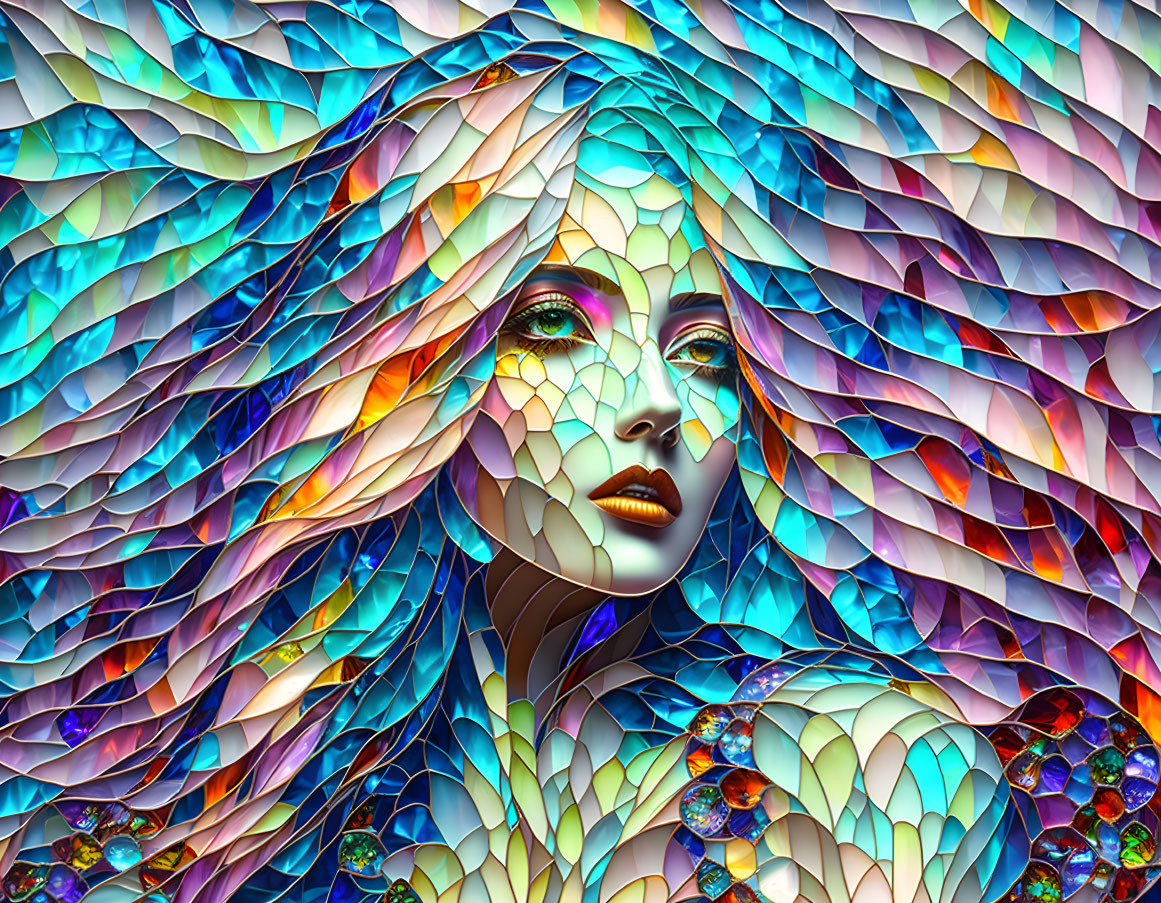 Colorful digital artwork: Woman with mosaic iridescent hair in blue, purple, and gold.