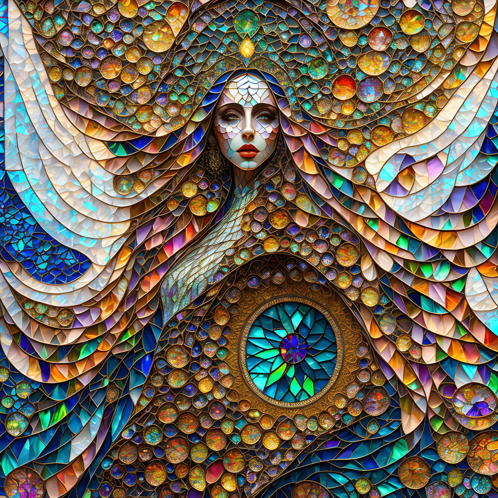 Colorful mosaic artwork of ethereal woman with peacock feather motifs