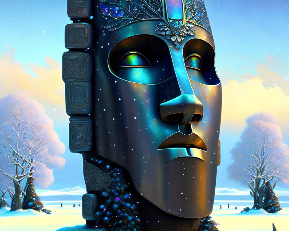 Surreal digital artwork: massive ornate mask, starry night theme, snowy landscape.