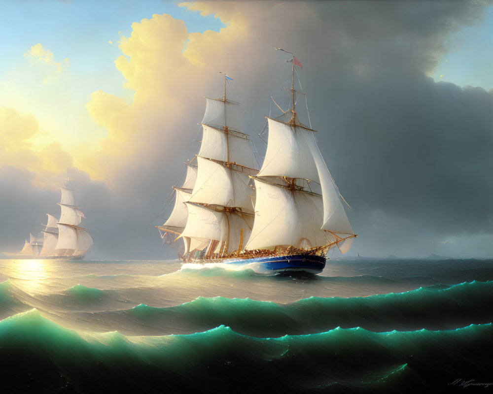 Majestic sailship on shimmering waves under dramatic sky