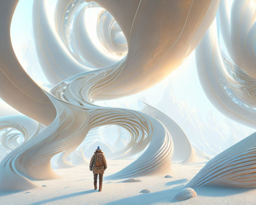 Surreal white landscape with towering spirals and swirling forms