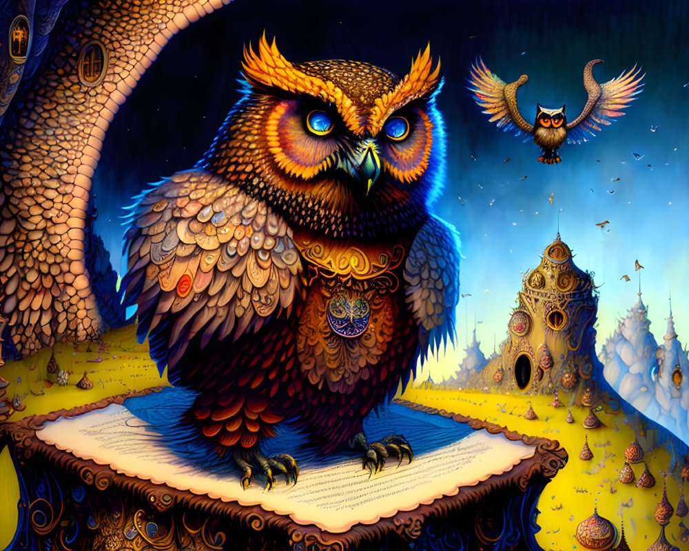 Detailed Owl Illustration with Book, Flying Owls, and Treehouses at Night