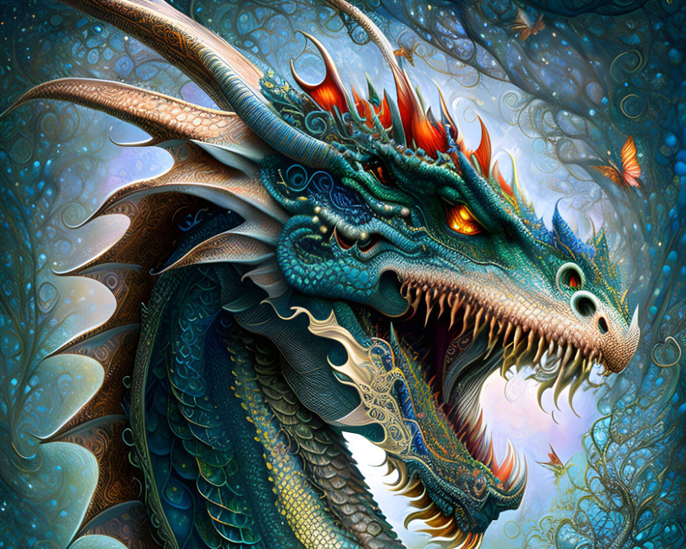 Colorful Dragon with Intricate Scales and Fiery Eyes in Fantasy Scene