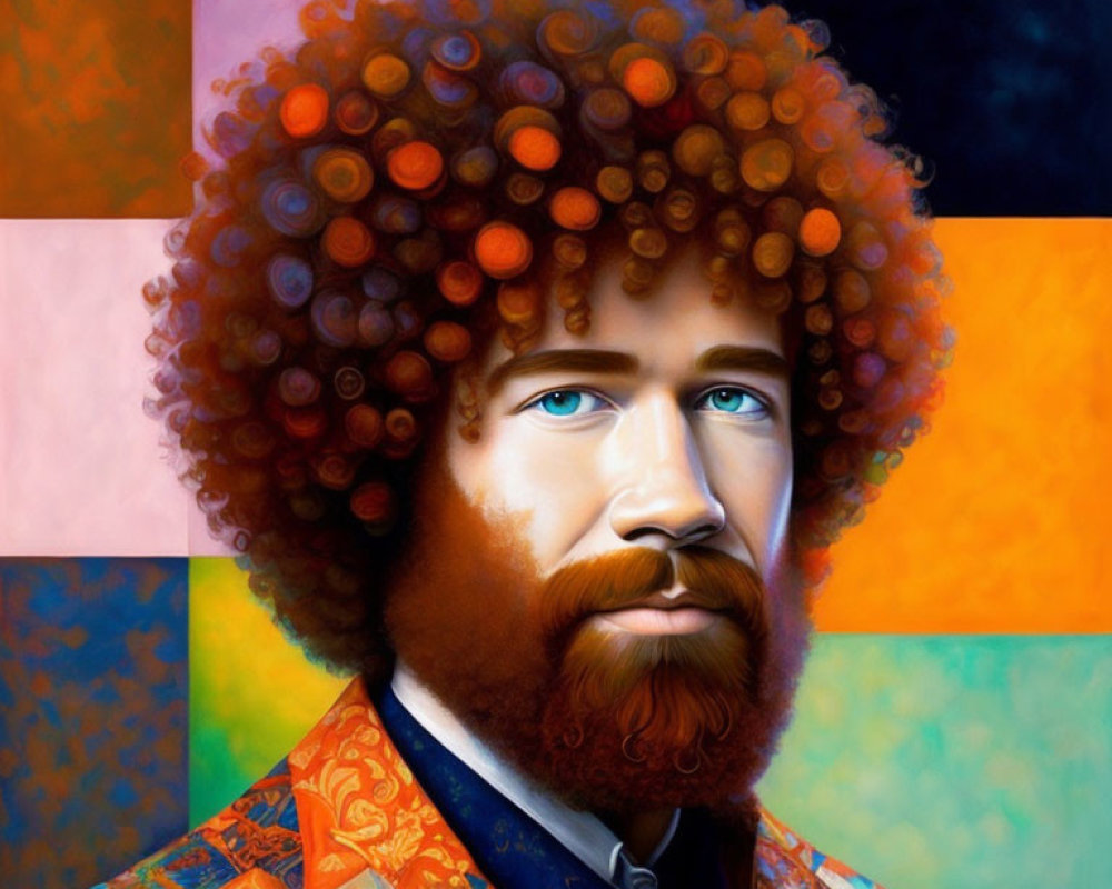 Vibrant portrait of a man with afro and beard against geometric backdrop