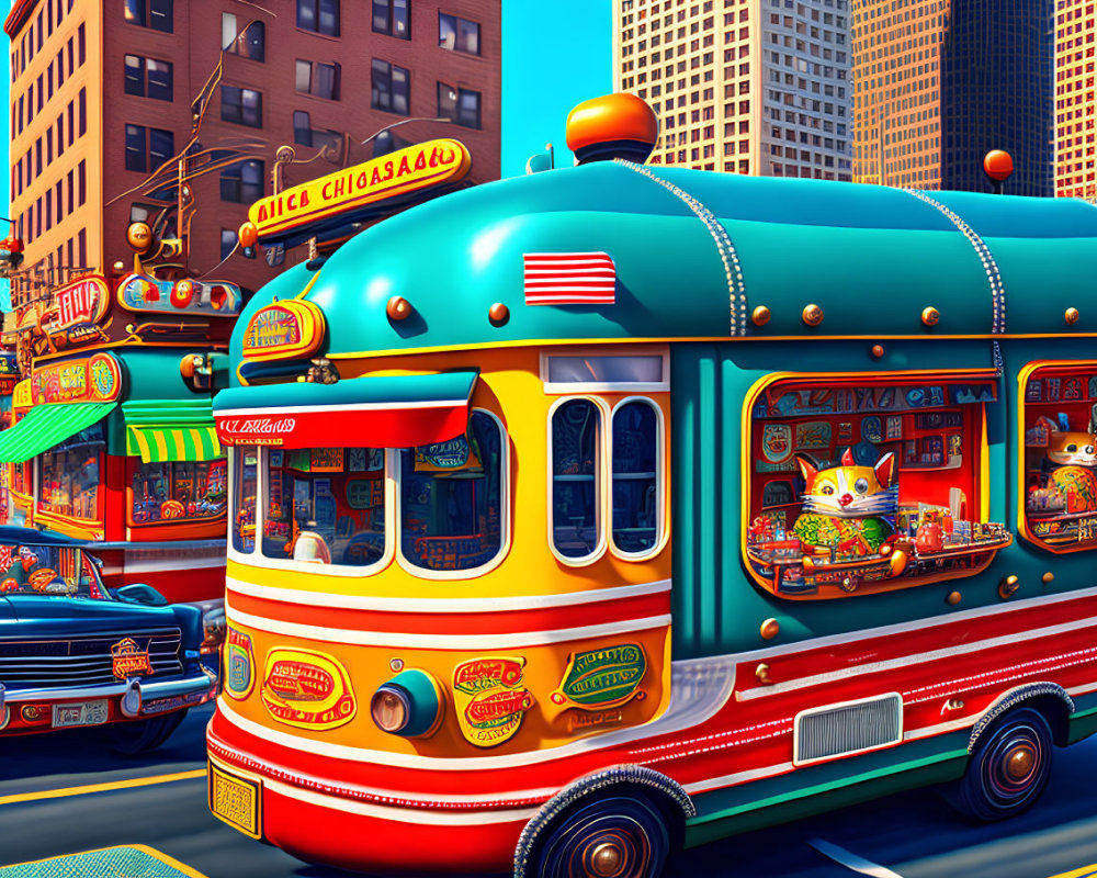 Colorful vintage tram illustration on busy city street with storefronts and cars