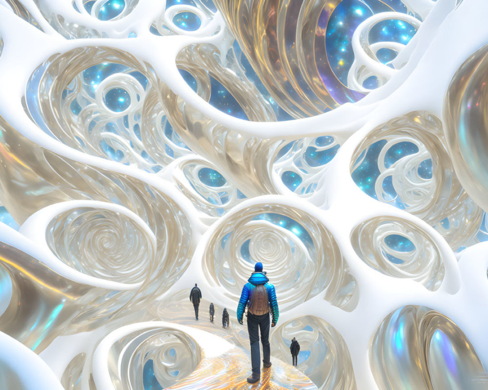 Blue Beanie Person in Surreal Organic Corridor with Iridescent Walls