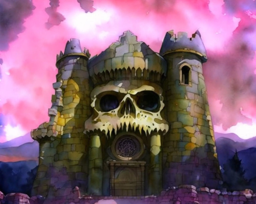 Fantasy castle illustration with skull facade, twin towers, and cloudy sky