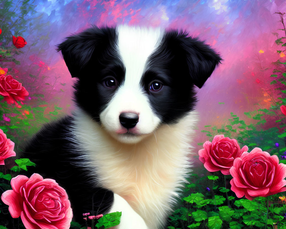 Black and White Puppy with Bright Eyes Among Red Roses and Colorful Background