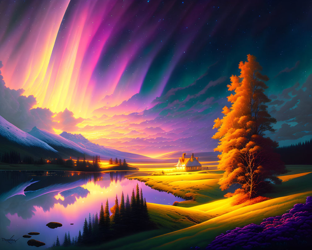 Digital Art: Aurora Night Sky Over Lake & Cottage