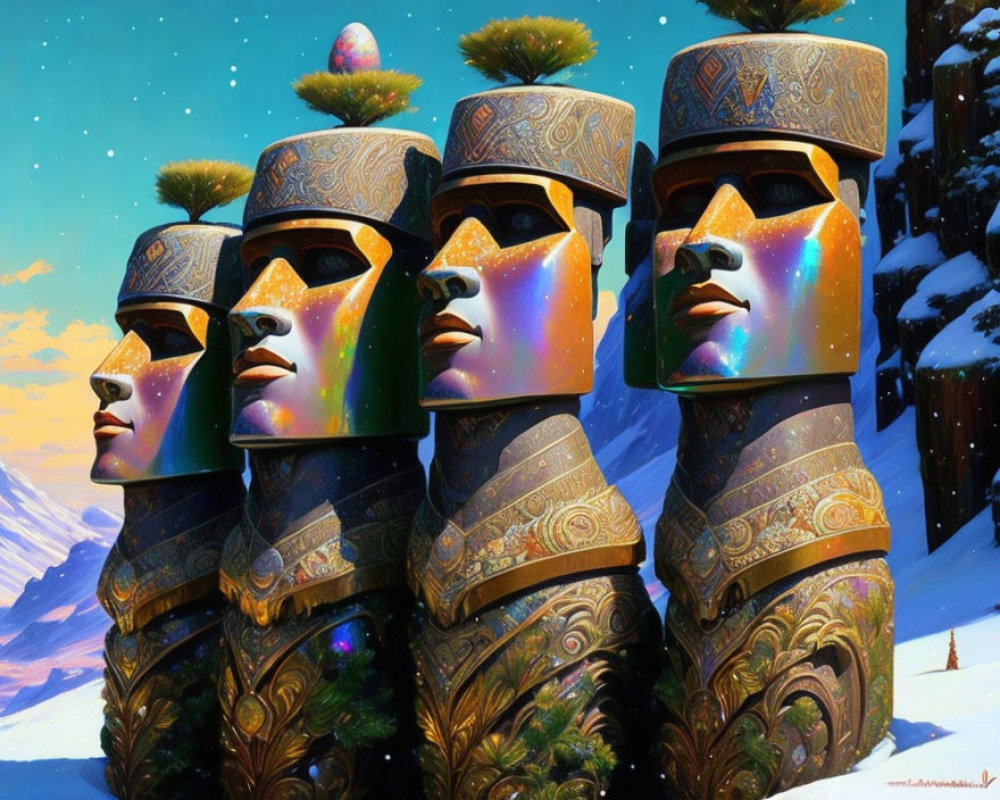 Stylized Galaxy Faces with Ornate Headgear on Snowy Mountain Skyline