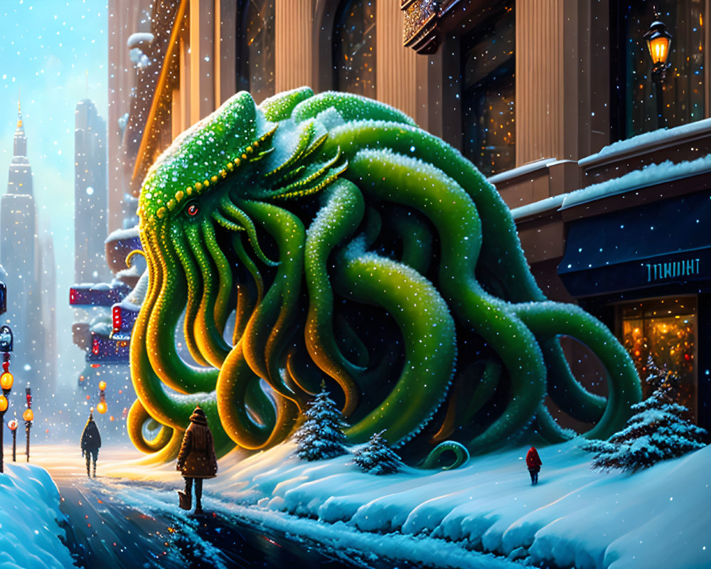 Giant octopus with snow-covered tentacles in snowy city scene