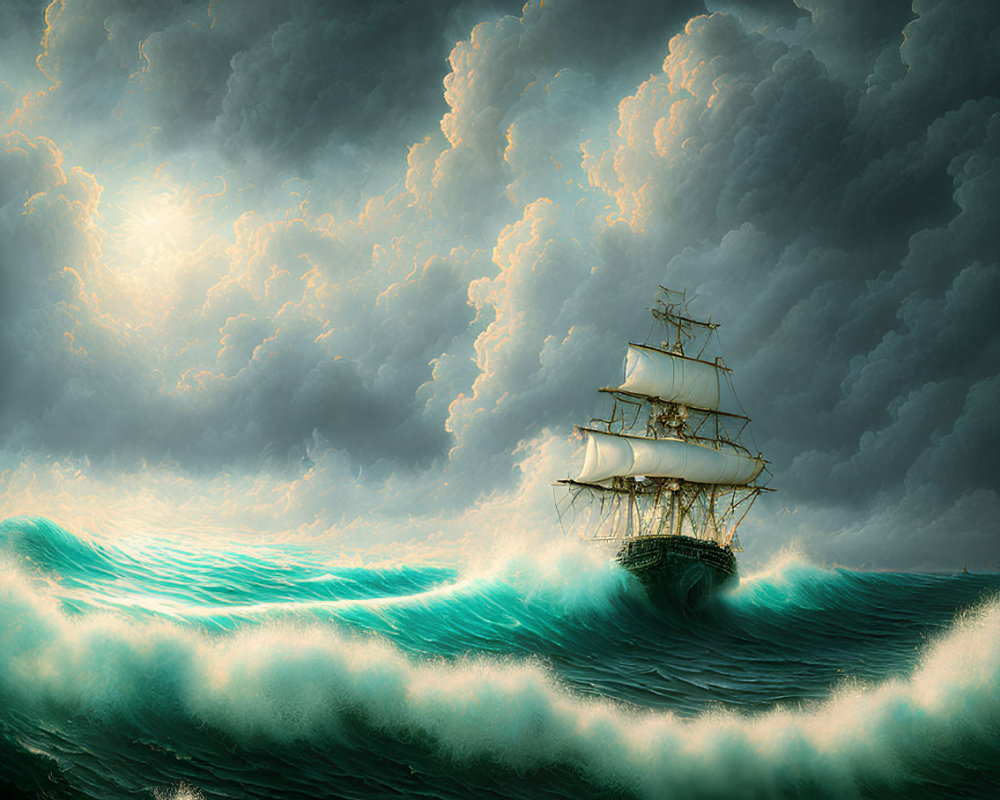 Tall ship sailing on turbulent sea waves under dramatic sky