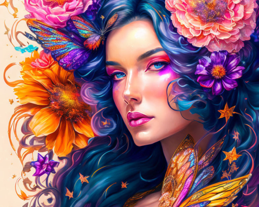 Colorful digital art: Woman with blue hair, adorned with flowers, butterflies, and stars