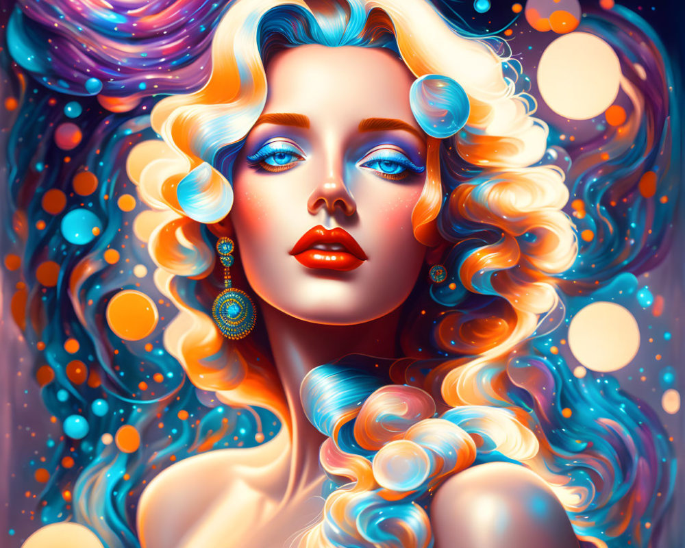 Vibrant digital artwork: Woman with blue eyes and cosmic-themed blonde hair amid swirling colors.