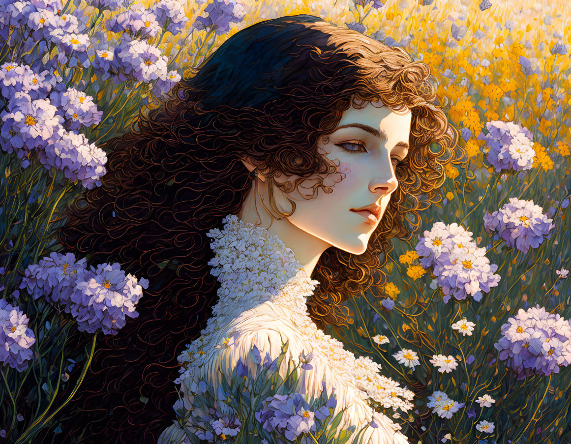 Woman with Curly Hair Surrounded by Purple and Yellow Flowers