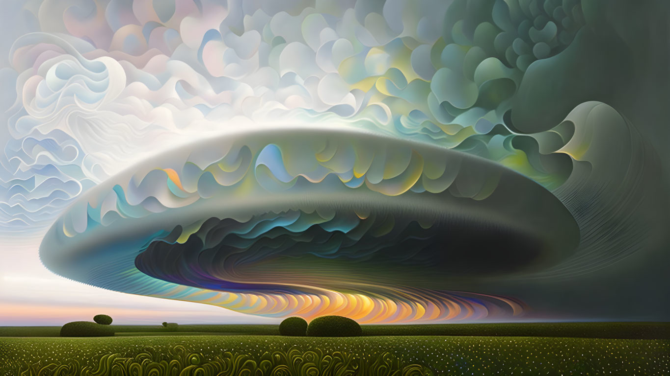 Multicolored sky swirls over tranquil landscape