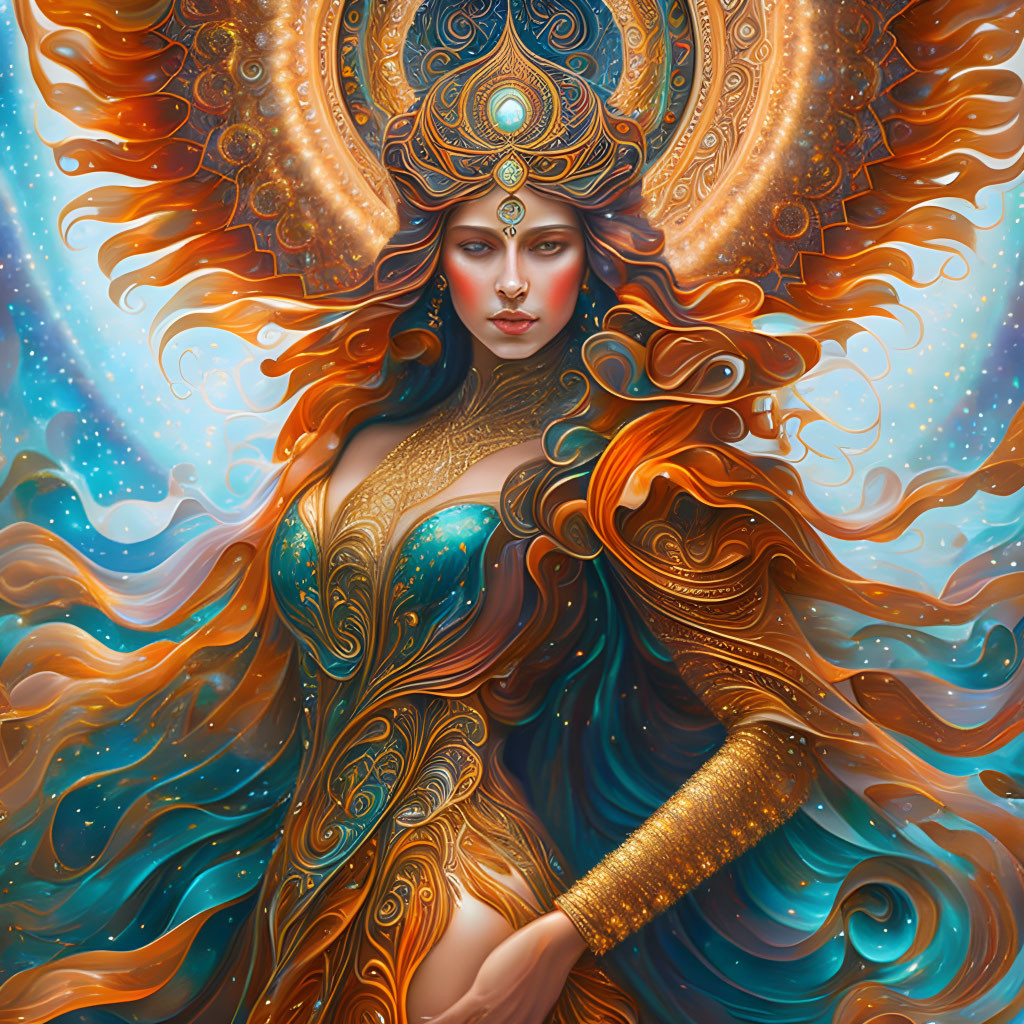 Ethereal woman with golden headgear and auburn hair in cosmic setting