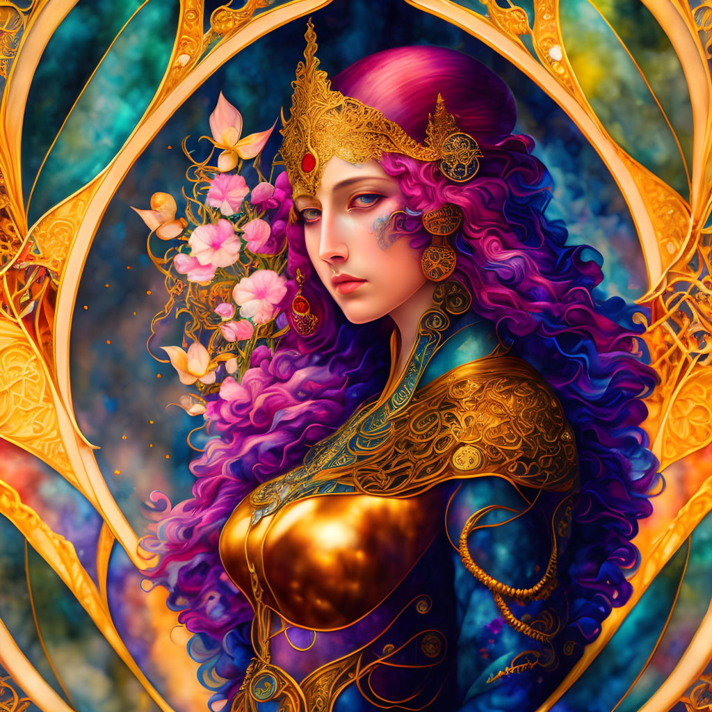 Detailed Illustration: Woman with Purple Hair & Gold Jewelry on Celestial Background