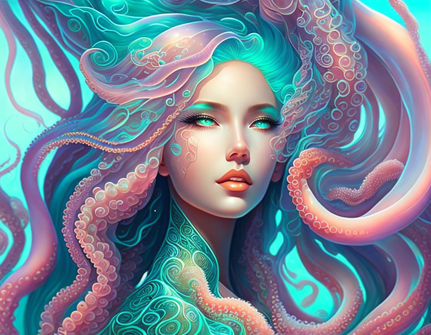 Fantasy-themed digital artwork: Woman with aqua tentacle-like hair on turquoise background