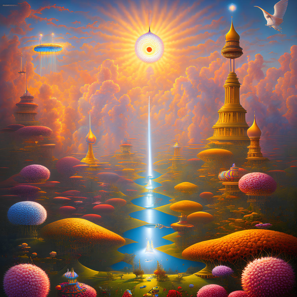 Vibrant fantastical landscape with mushroom-like structures and ornate towers