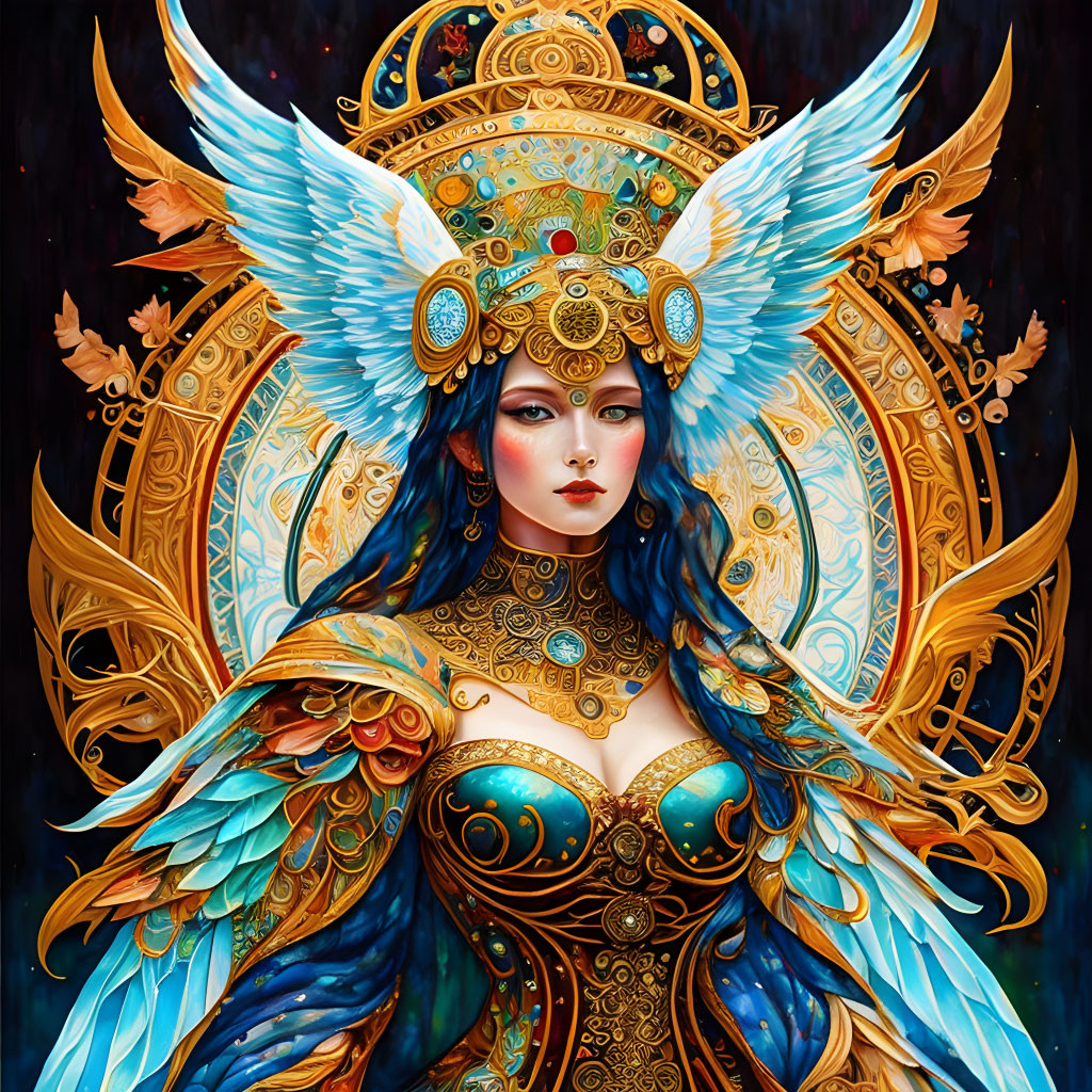 Detailed mythical woman illustration with blue feathered wings and golden headgear