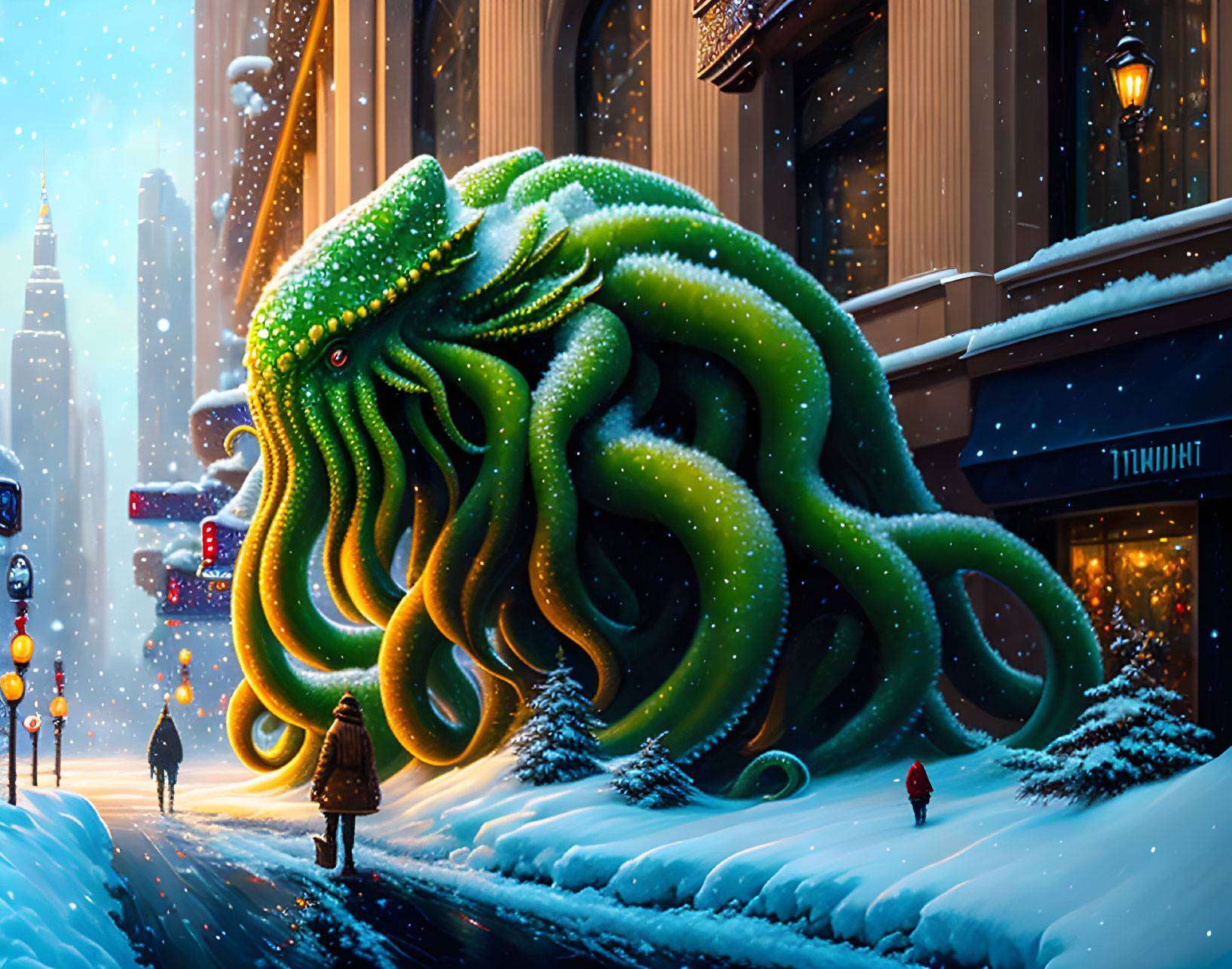 Giant octopus with snow-covered tentacles in snowy city scene