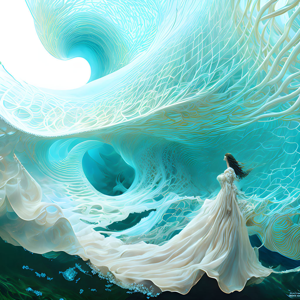 Surreal illustration of woman in flowing dress with bird by intricate spiraling waves