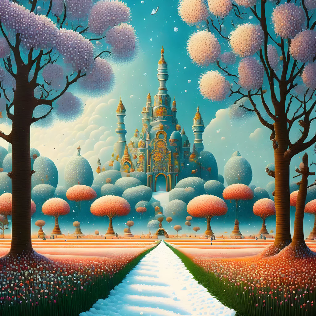 Fantastical landscape with pathway to ornate castle and pastel trees