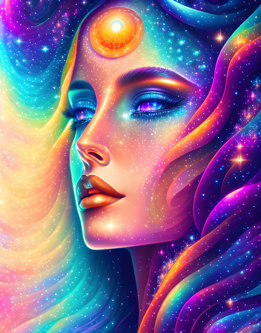 Colorful digital artwork: Woman's face with cosmic hair and celestial body