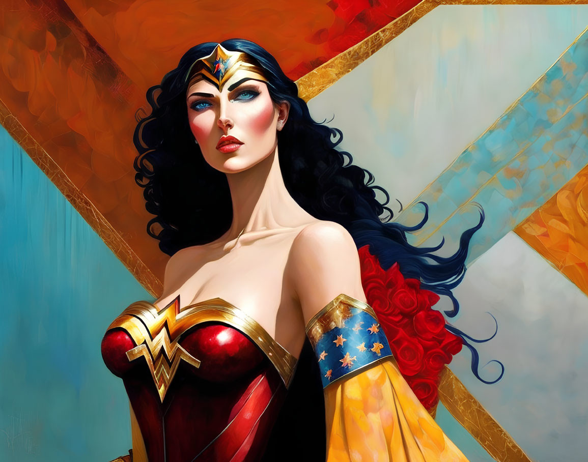 Vibrant Wonder Woman illustration with flowing black hair and iconic costume colors