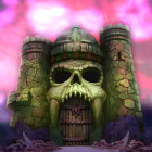 Fantasy castle illustration with skull facade, twin towers, and cloudy sky