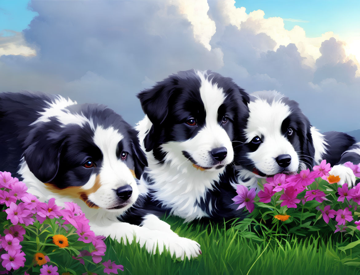 Three Bernese Mountain puppies in field with purple and orange flowers under cloudy blue sky