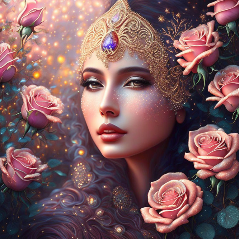 Fantasy woman digital art with ornate headpiece and pink roses